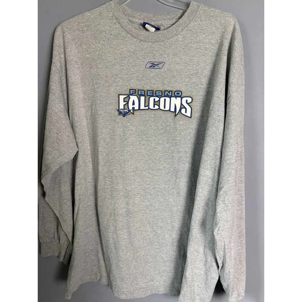 Reebok Fresno Falcons Hockey Long Sleeve Shirt Gray Blue Gold Logo Size 2XL